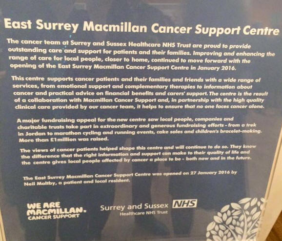 Former patient Neil Maltby opened the new Macmillan Cancer Support Centre at East Surrey Hospital. The event was hosted by BBC TV news presenter Nicholas Owen.