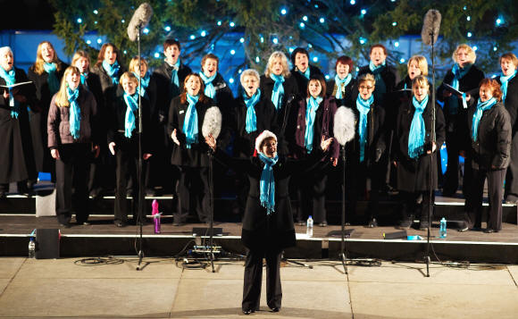 Vocal Dimension singing under the BIG Christmas tree in Trafalgar Square (Photo  Simon Tregidgo)