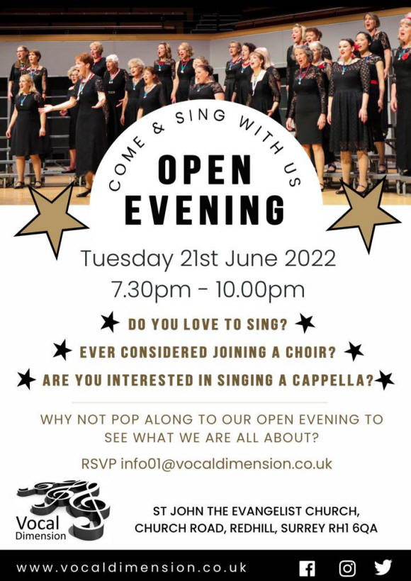 Open Evening on Tuesday 21st June at 7.30pm at St Johns Church, Redhill. &nbsp;